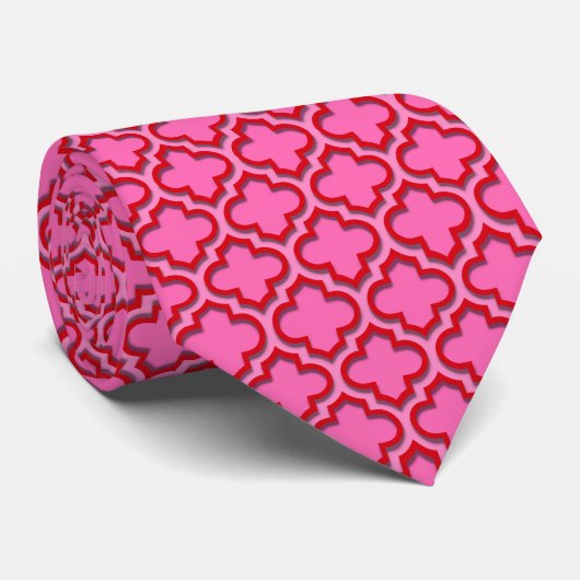 Red Hot Pink Moroccan Quatrefoil Pattern #5DS Stropdas (Opgerold)