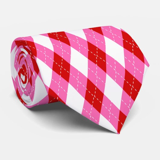 Red Hot Pink White Argyle Diamond Stropdas (Opgerold)