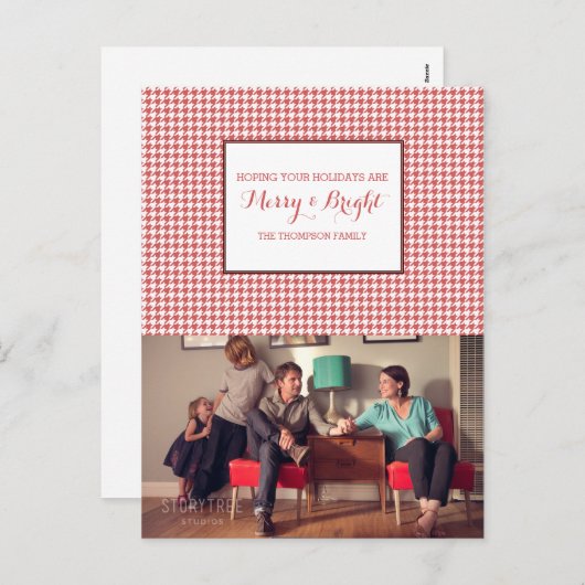 Red Houndstooth Holiday Foto Briefkaart (Voorkant / Achterkant)