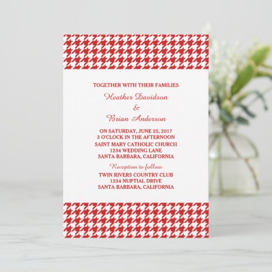 Red Houndstooth Wedding Invite Kaart (Staand voorkant)