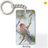 Red House Finch Bird Painting Initiaal Vogelkijker Sleutelhanger
