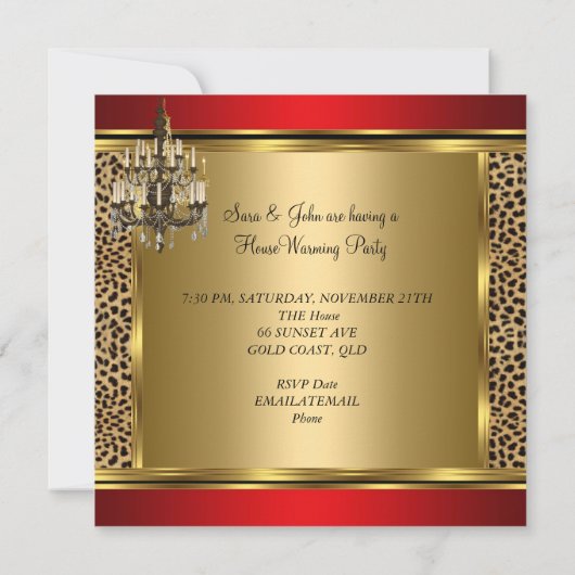 Red Housewarming Party Chandelier Leopard Gold Kaart (Achterkant)
