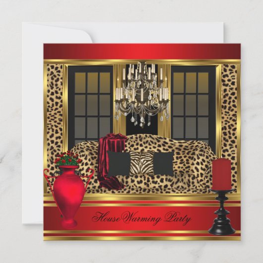 Red Housewarming Party Chandelier Leopard Gold Kaart (Voorkant)
