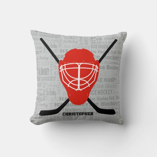 Red Ice Hockey Helmet en Sticks Typografie Kussen (Voorkant)
