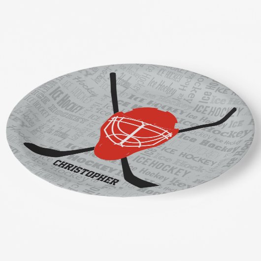 Red Ice Hockey Helmet en Sticks Typografie Papieren Bordje (Gekanteld)