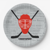 Red Ice Hockey Helmet en Sticks Typografie Papieren Bordje (Voorkant)