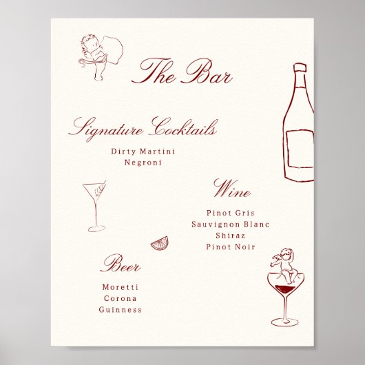 Red Illustrated Whimsical Wedding Bar Menu Poster (Voorkant)