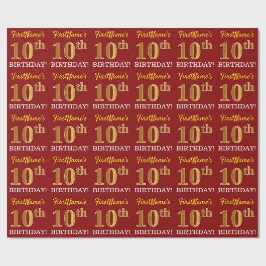 Red, Imitation Gold Kijk "10th BIRTHDAY" Cadeaupapier (Vlak)
