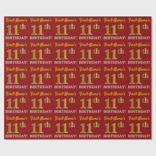 Red, Imitation Gold Kijk "11e BIRTHDAY" Cadeaupapier (Vlak)