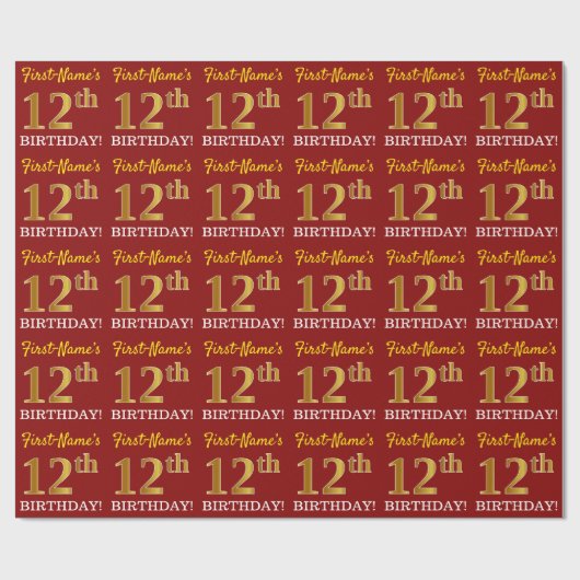 Red, Imitation Gold Kijk "12th BIRTHDAY" Cadeaupapier (Vlak)