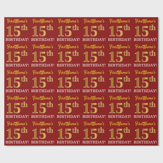 Red, Imitation Gold Kijk "15th BIRTHDAY" Cadeaupapier (Vlak)