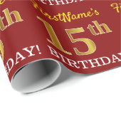 Red, Imitation Gold Kijk "15th BIRTHDAY" Cadeaupapier (Rol Hoek)