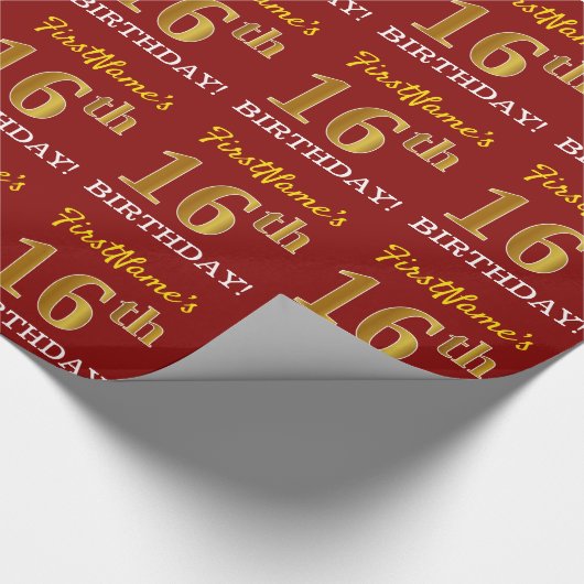 Red, Imitation Gold Kijk "16e BIRTHDAY" Cadeaupapier (Hoek)