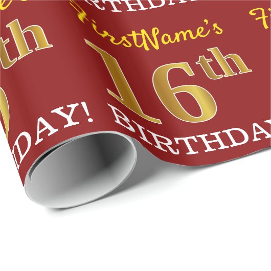 Red, Imitation Gold Kijk "16e BIRTHDAY" Cadeaupapier (Rol Hoek)