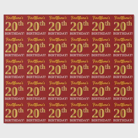 Red, Imitation Gold Kijk "20th BIRTHDAY" Cadeaupapier (Vlak)