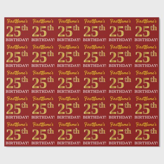 Red, Imitation Gold Kijk "25th BIRTHDAY" Cadeaupapier (Vlak)