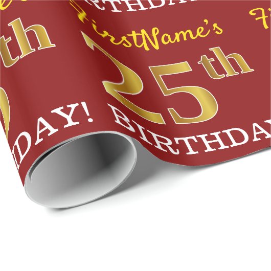 Red, Imitation Gold Kijk "25th BIRTHDAY" Cadeaupapier (Rol Hoek)