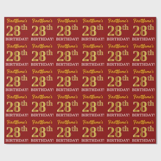 Red, Imitation Gold Kijk "28th BIRTHDAY" Cadeaupapier (Vlak)