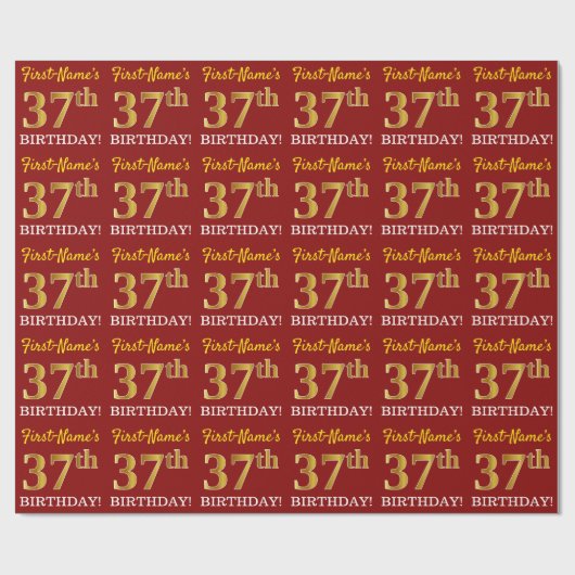 Red, Imitation Gold Kijk "37th BIRTHDAY" Cadeaupapier (Vlak)
