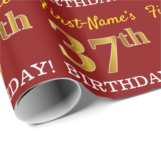 Red, Imitation Gold Kijk "37th BIRTHDAY" Cadeaupapier (Rol Hoek)