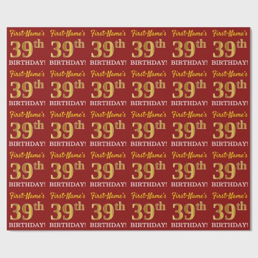 Red, Imitation Gold Kijk "39th BIRTHDAY" Cadeaupapier (Vlak)