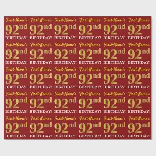 Red, Imitation Gold Kijk "92e BIRTHDAY" Cadeaupapier (Vlak)