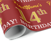 Red, Imitation Gold look "14th BIRTHDAY" Cadeaupapier (Rol Hoek)