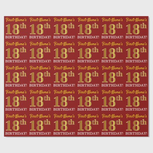 Red, Imitation Gold look "18th BIRTHDAY" Cadeaupapier (Vlak)