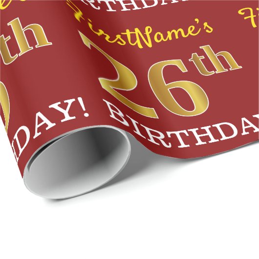 Red, Imitation Gold look "26th BIRTHDAY" Cadeaupapier (Rol Hoek)