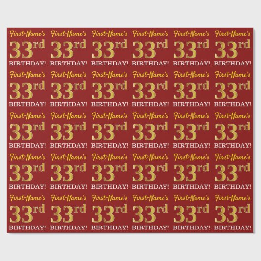 Red, Imitation Gold look "33rd BIRTHDAY" Cadeaupapier (Vlak)