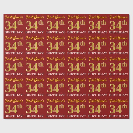 Red, Imitation Gold look "34th BIRTHDAY" Cadeaupapier (Vlak)
