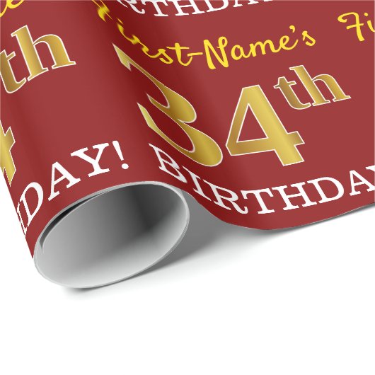 Red, Imitation Gold look "34th BIRTHDAY" Cadeaupapier (Rol Hoek)