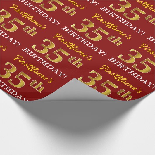 Red, Imitation Gold look "35th BIRTHDAY" Cadeaupapier (Hoek)