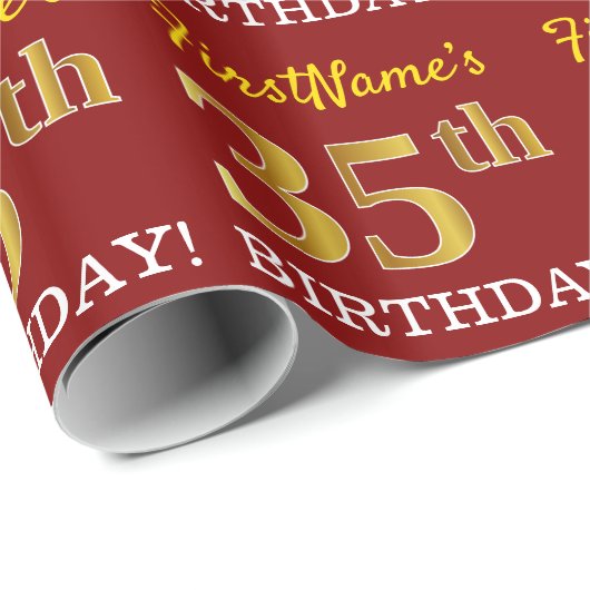 Red, Imitation Gold look "35th BIRTHDAY" Cadeaupapier (Rol Hoek)