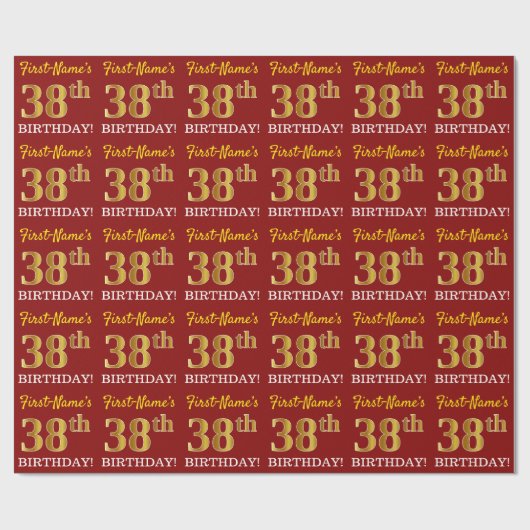 Red, Imitation Gold look "38th BIRTHDAY" Cadeaupapier (Vlak)