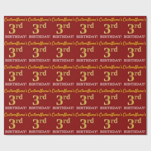 Red, Imitation Gold look "3rd BIRTHDAY" Cadeaupapier (Vlak)