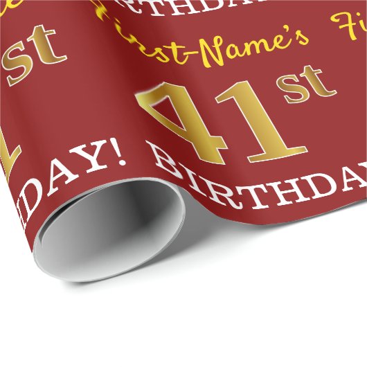 Red, Imitation Gold look "41st BIRTHDAY" Cadeaupapier (Rol Hoek)
