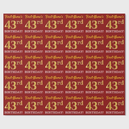 Red, Imitation Gold look "43rd BIRTHDAY" Cadeaupapier (Vlak)