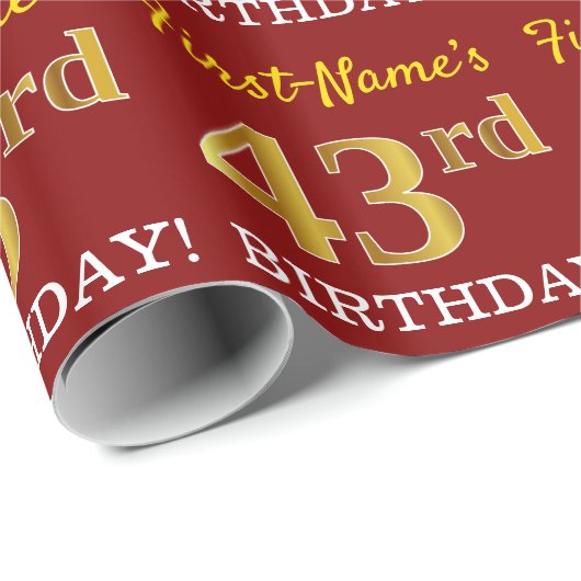 Red, Imitation Gold look "43rd BIRTHDAY" Cadeaupapier (Rol Hoek)