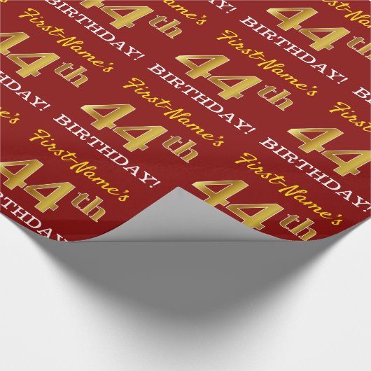 Red, Imitation Gold look "44th BIRTHDAY" Cadeaupapier (Hoek)