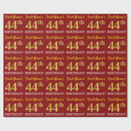 Red, Imitation Gold look "44th BIRTHDAY" Cadeaupapier (Vlak)