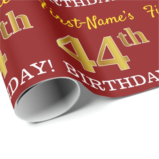 Red, Imitation Gold look "44th BIRTHDAY" Cadeaupapier (Rol Hoek)