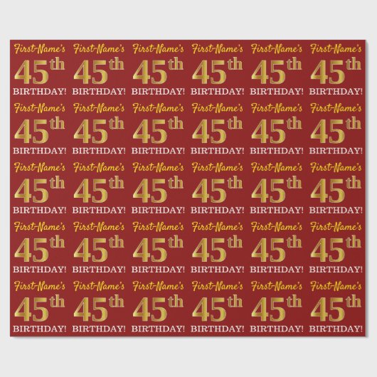 Red, Imitation Gold look "45th BIRTHDAY" Cadeaupapier (Vlak)