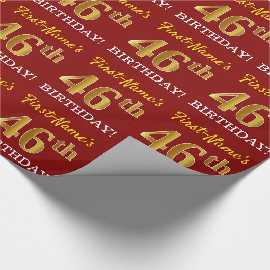 Red, Imitation Gold look "46th BIRTHDAY" Cadeaupapier (Hoek)