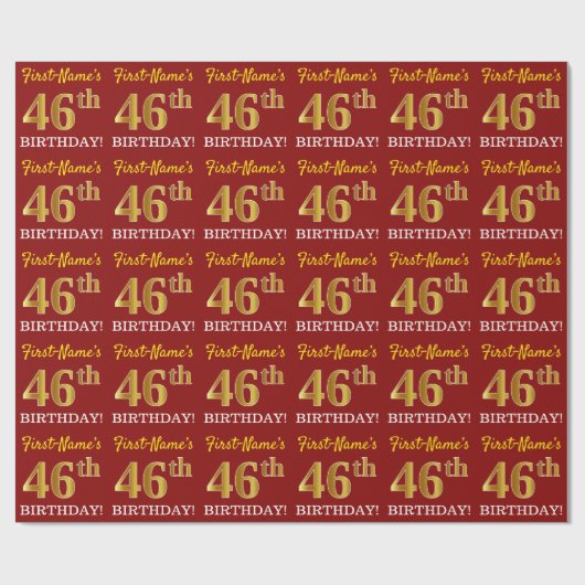Red, Imitation Gold look "46th BIRTHDAY" Cadeaupapier (Vlak)