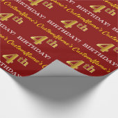 Red, Imitation Gold look "4th BIRTHDAY" Cadeaupapier (Hoek)