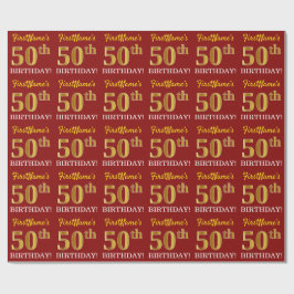 Red, Imitation Gold look "50th BIRTHDAY" Cadeaupapier