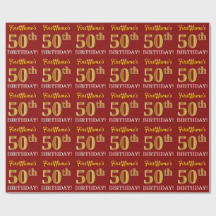 Red, Imitation Gold look "50th BIRTHDAY" Cadeaupapier