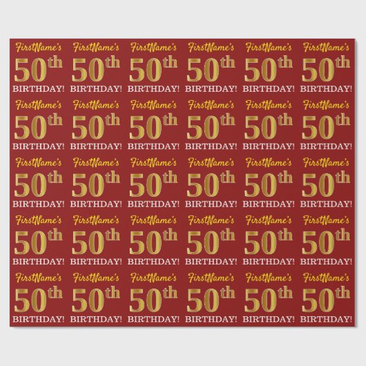 Red, Imitation Gold look "50th BIRTHDAY" Cadeaupapier (Vlak)