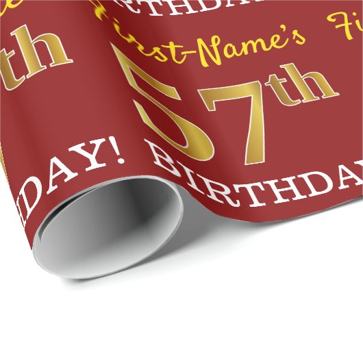 Red, Imitation Gold look "57th BIRTHDAY" Cadeaupapier (Rol Hoek)